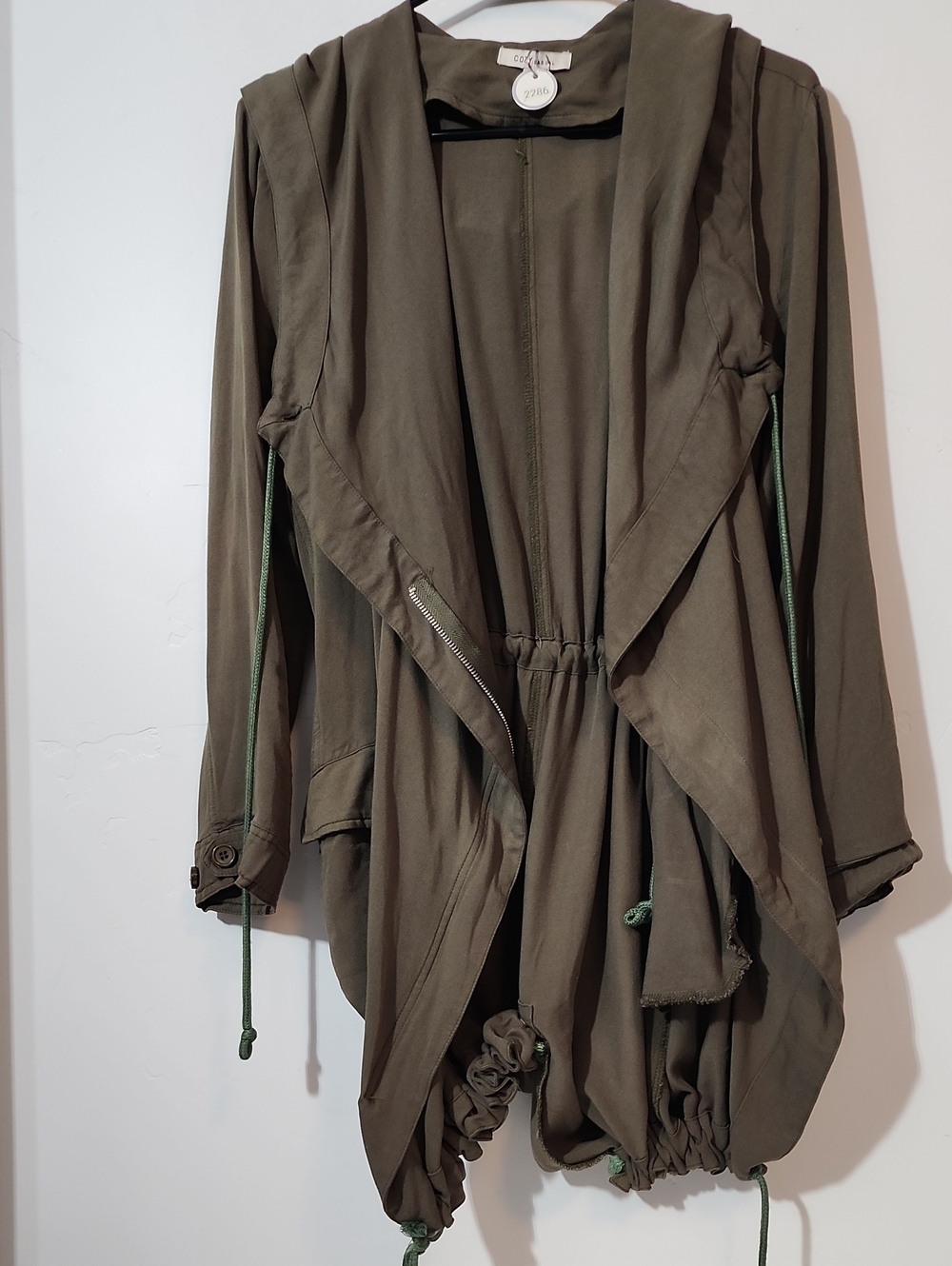 Drape Front Hooded Jacket in Olive Green